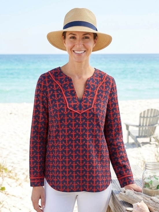 Vineyard Vines Tops - Vineyard Vines Anchor Print Tunic Top Navy Red Long Sleeve V-Neck Size M EUC